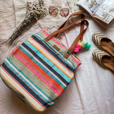 Multi Colour Stripes Three Pocket Jacquard Bag