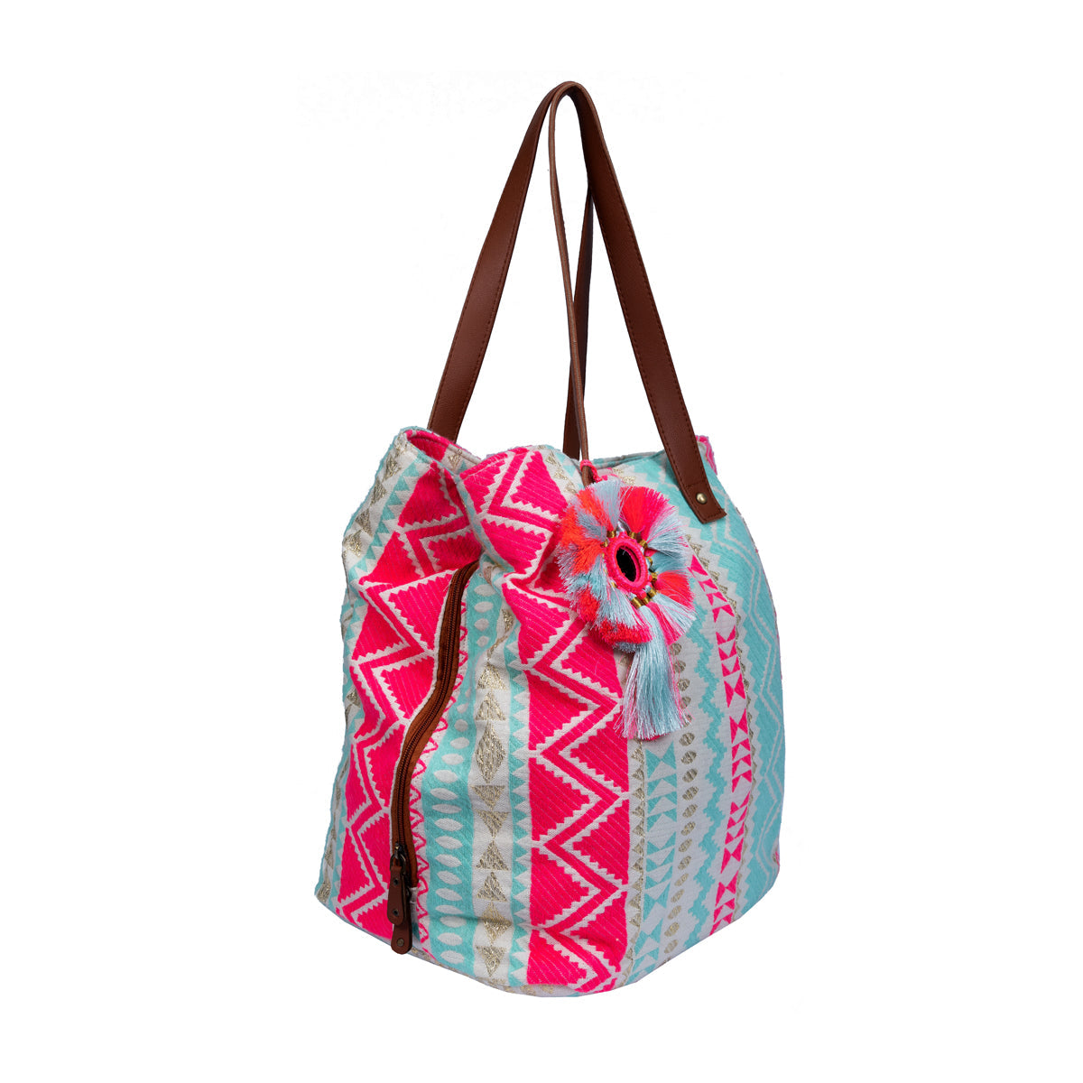 Neon Pink Three Pocket Jacquard Bag