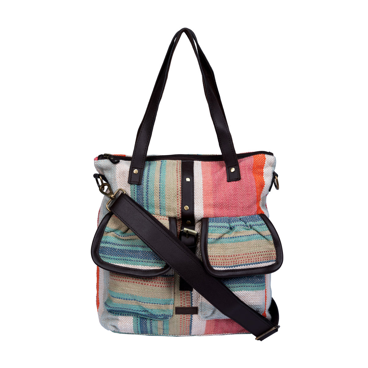 Peach Multi Colour Stripes Two Pocket Jacquard Bag